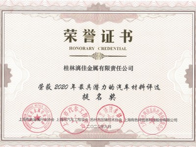Nomination Award of “2020 Most Promising Automotive Material”